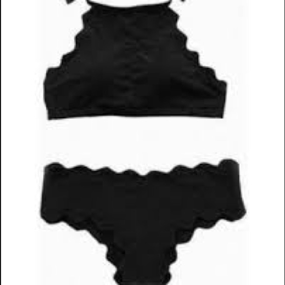 Black Scalloped Two Piece Halter Bikini